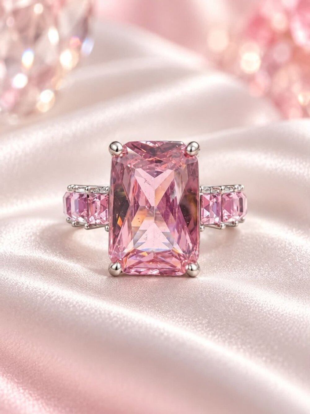 Elegant Pink Radiant-Cut Statement Ring with Pink Side Stones